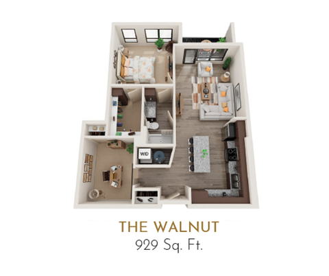 Floor plan for 1 bed, 1 bath, 857 sqft