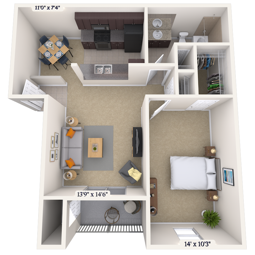 Floor plan for 1 bed, 1 bath, 618 sqft