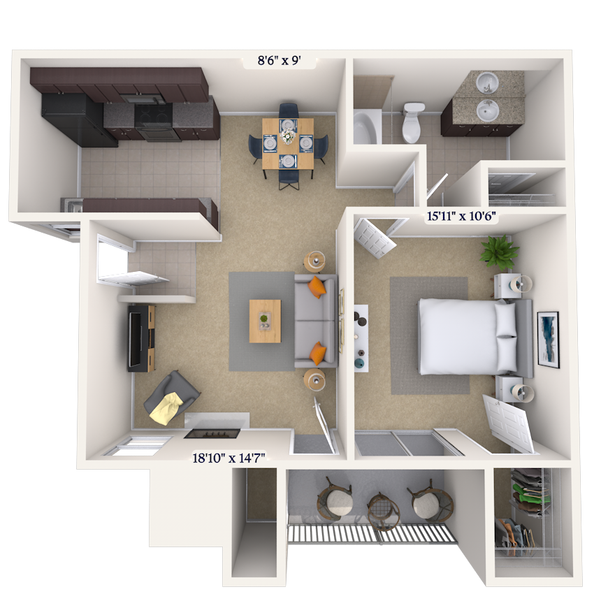 Floor plan for 1 bed, 1 bath, 718 sqft