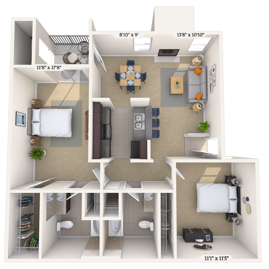 Floor plan for 2 beds, 2 baths, 950 sqft