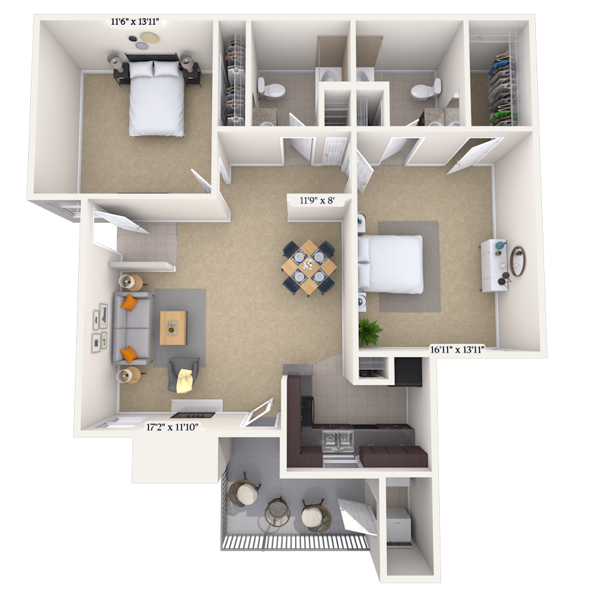 Floor plan for 2 beds, 2 baths, 1044 sqft