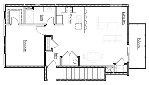 Floor plan for 1 bed, 1 bath, 940 sqft