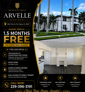 Fort Myers apartment for rent - A real estate advertisement for Arvelle Apartment, offering a 1.5 months free lease for qualified individuals.