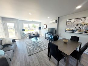 Ste. Anne apartment for rent - A modern living room with a grey sofa, a black coffee table, and a television.