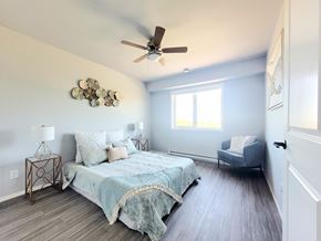 Beausejour apartment for rent - A bedroom with a bed, chair, and ceiling fan.