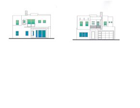 El Paso house for rent - floor plans of the house with blue doors and windows and a green roof