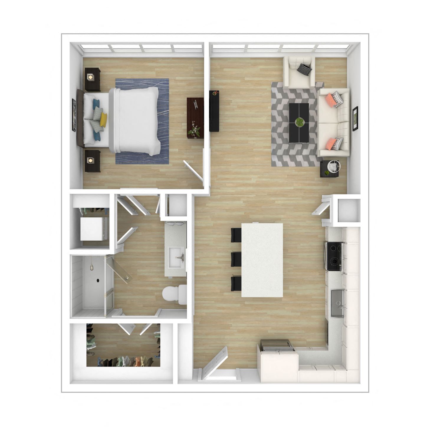 Floor plan for 1 bed, 1 bath, 675 sqft
