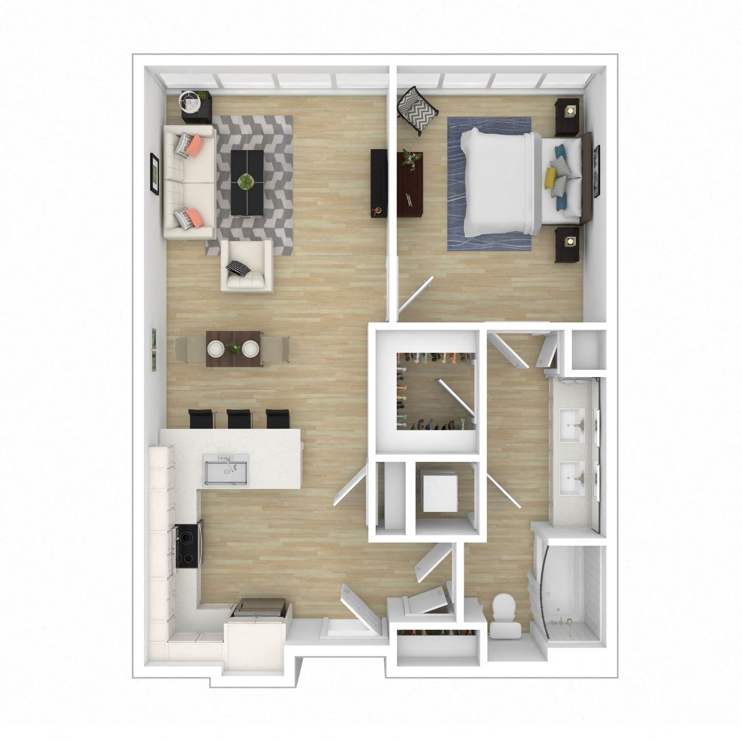 Floor plan for 1 bed, 1 bath, 741 sqft