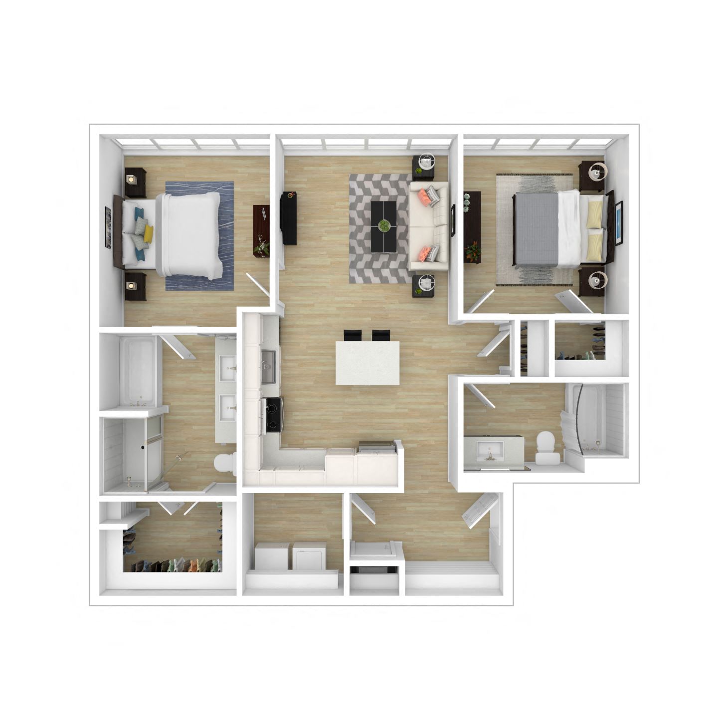 Floor plan for 2 beds, 2 baths, 1067 sqft
