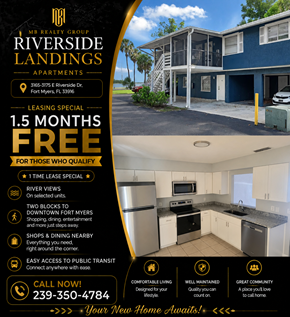 Fort Myers apartment for rent - A real estate advertisement for Riverside Landings Apartments, offering a leasing special of 1.5 months free for qualified individuals.