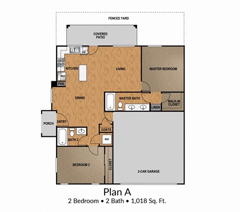 Floor plan for 2 beds, 2 baths, 1018 sqft