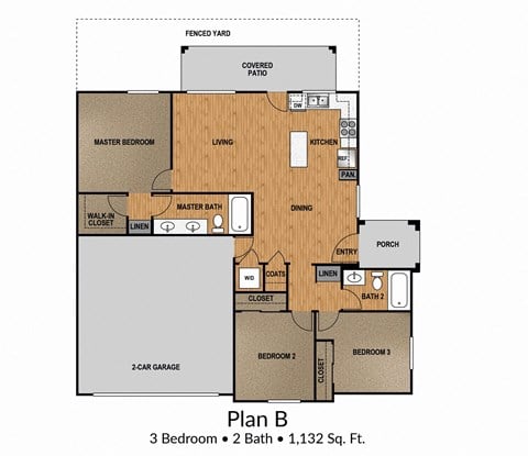 Floor plan for 3 beds, 2 baths, 1132 sqft