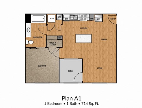 Floor plan for 1 bed, 1 bath, 714 sqft