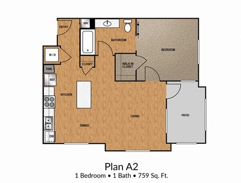 Floor plan for 1 bed, 1 bath, 759 sqft