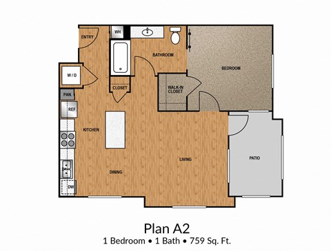 Floor plan for 1 bed, 1 bath, 759 sqft