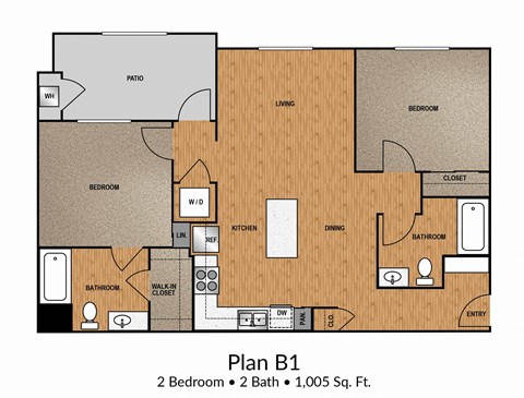 Floor plan for 2 beds, 2 baths, 1005 sqft