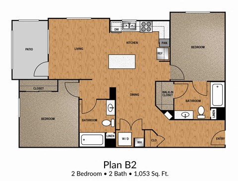Floor plan for 2 beds, 2 baths, 1053 sqft