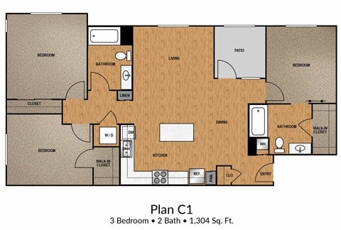 Floor plan for 3 beds, 2 baths, 1304 sqft
