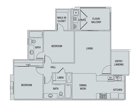 Floor plan for 2 beds, 2 baths, 911 sqft