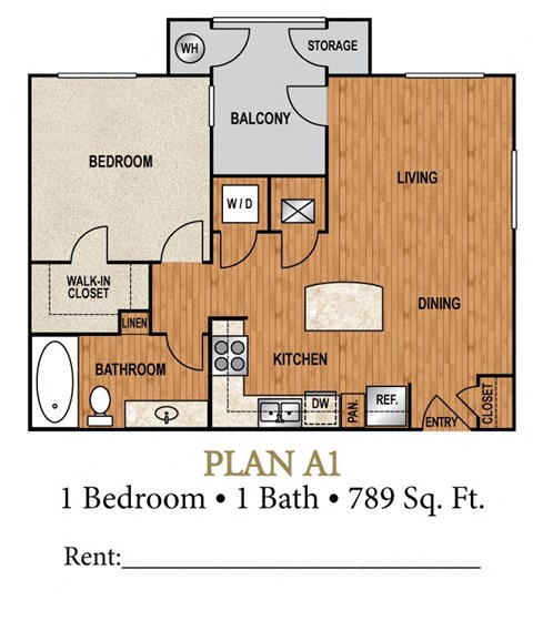 Floor plan for 1 bed, 1 bath, 789 sqft
