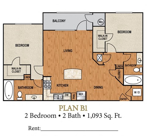 Floor plan for 2 beds, 2 baths, 1093 sqft