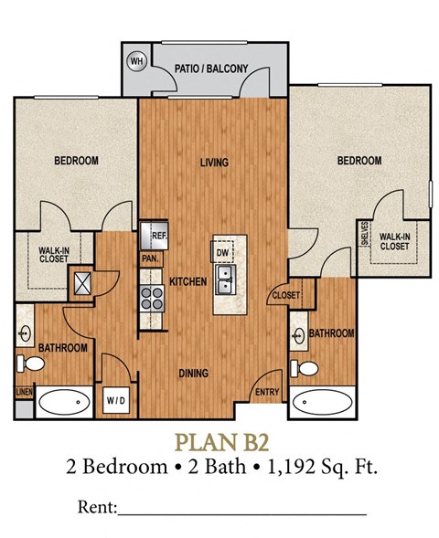 Floor plan for 2 beds, 2 baths, 1192 sqft