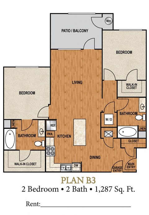 Floor plan for 2 beds, 2 baths, 1287 sqft