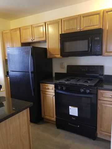 Pittsburgh apartment for rent - a kitchen with black appliances and wooden cabinets