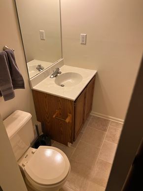 Holland apartment for rent - A bathroom with a toilet, sink, and mirror.