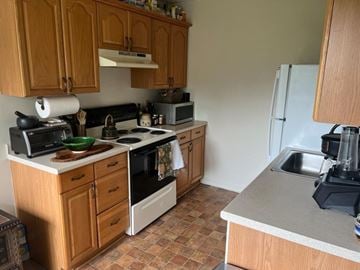 Holland house for rent - A kitchen with wooden cabinets and a tile floor.