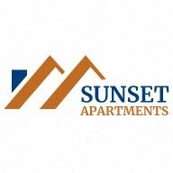 Miami apartment for rent - the logo for sunset apartments with a blue and orange house