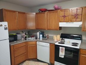 Holland house for rent - A kitchen with wooden cabinets and a black oven.