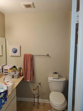 Holland house for rent - A bathroom with a toilet, sink, and towel rack.