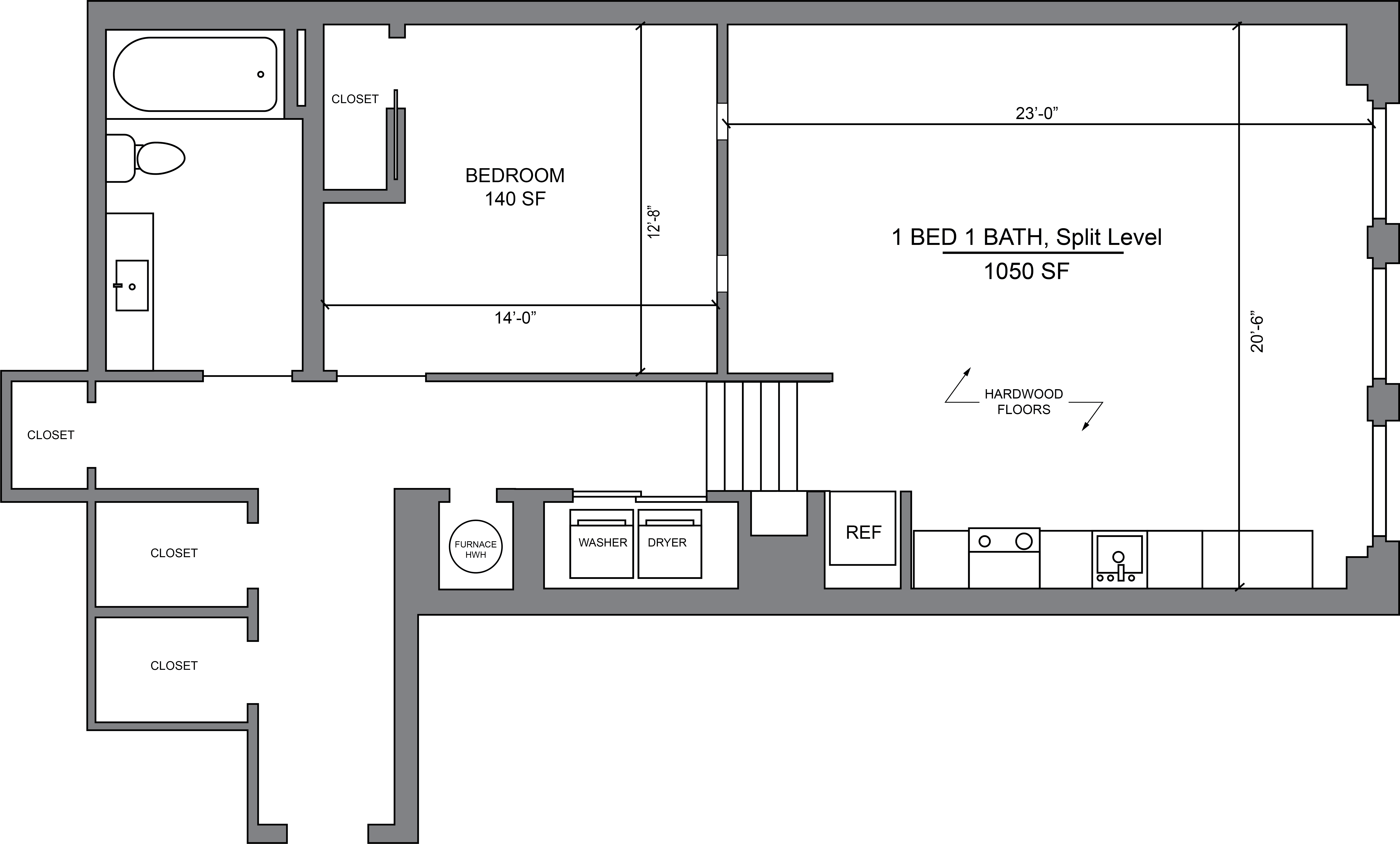 Floor plan for 1 bed, 1 bath, 1050 sqft