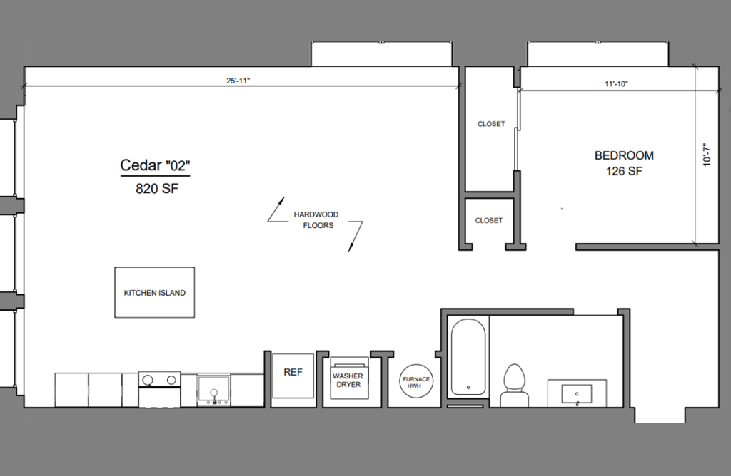 Floor plan for 1 bed, 1 bath, 820 sqft