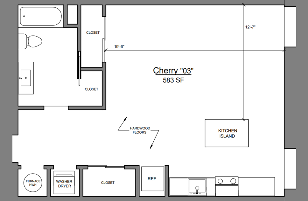 Floor plan for studio, 1 bath, 583 sqft