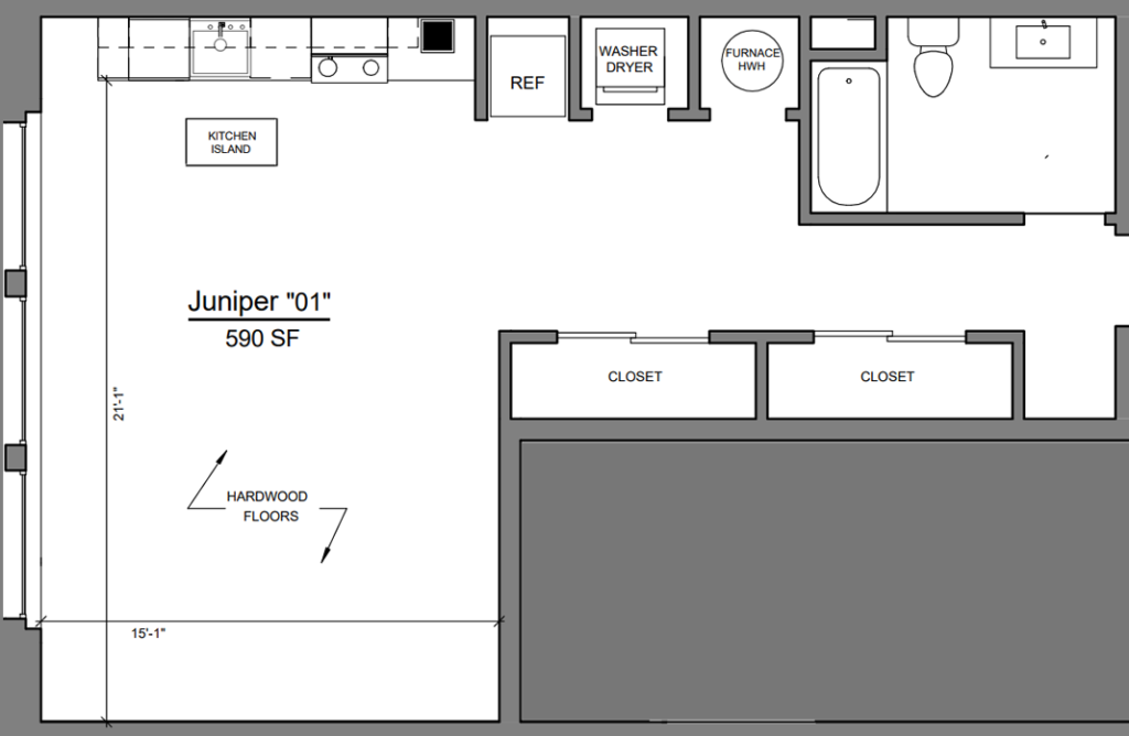 Floor plan for studio, 1 bath, 590 sqft