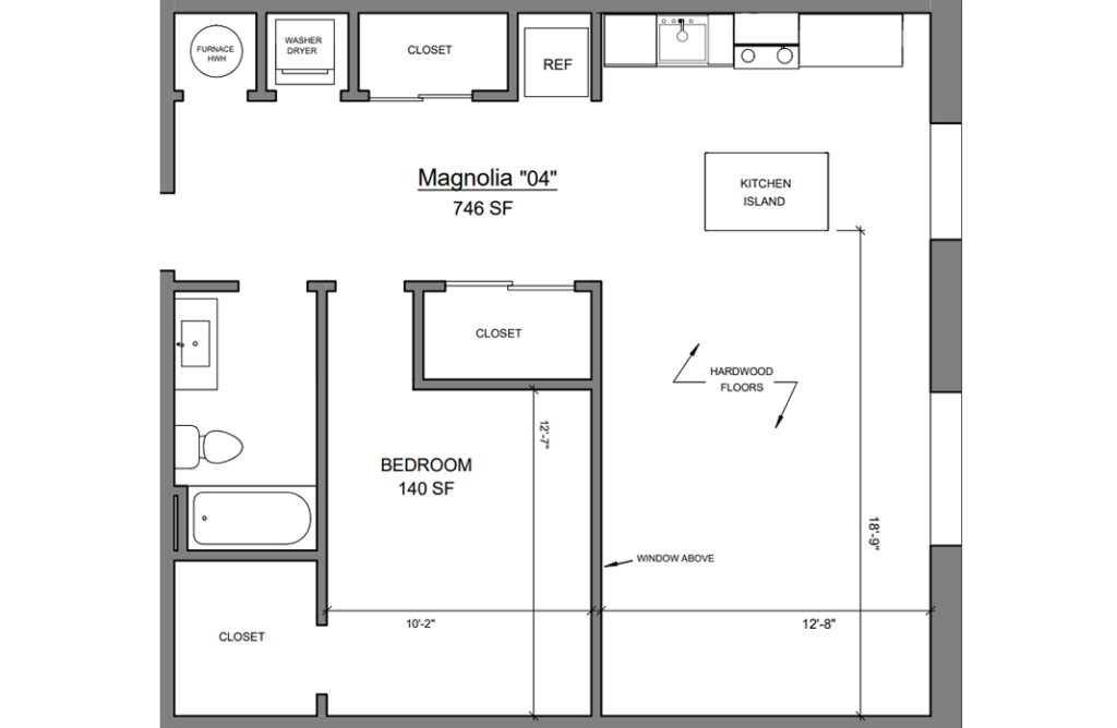 Floor plan for 1 bed, 1 bath, 746 sqft
