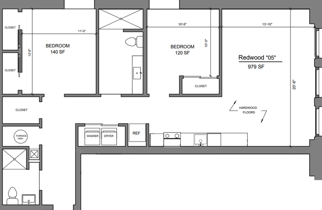 Floor plan for 2 beds, 2 baths, 979 sqft