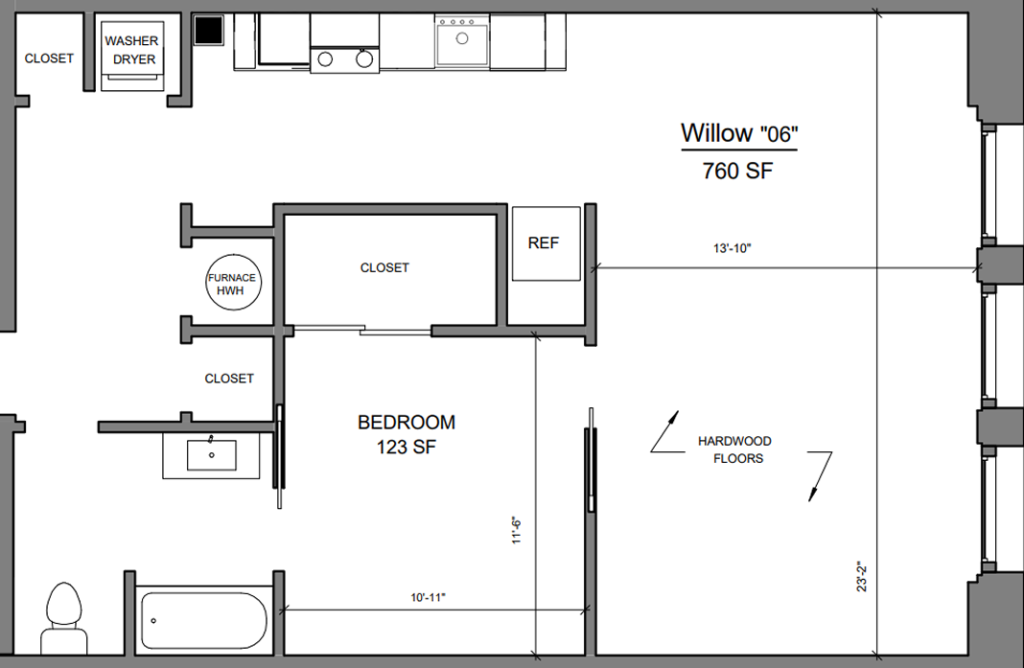 Floor plan for 1 bed, 1 bath, 760 sqft