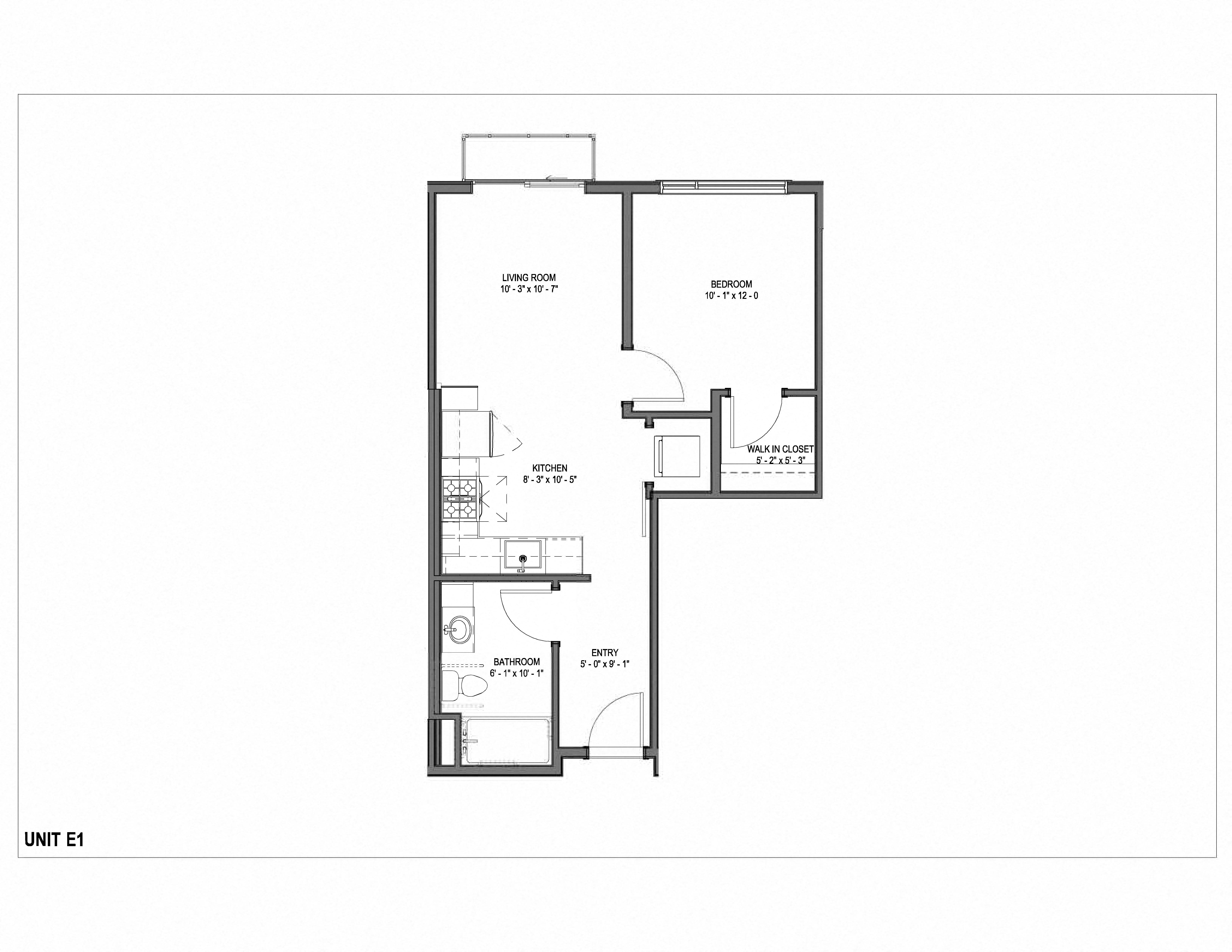 Floor plan for 1 bed, 1 bath, 828 sqft