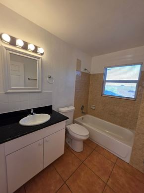 Lake Worth apartment for rent - A bathroom with a sink, toilet, and bathtub.
