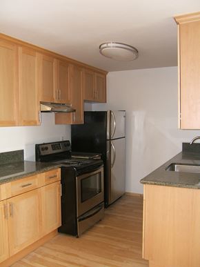 Los Angeles apartment for rent - A kitchen with wooden cabinets and a black stove top oven.