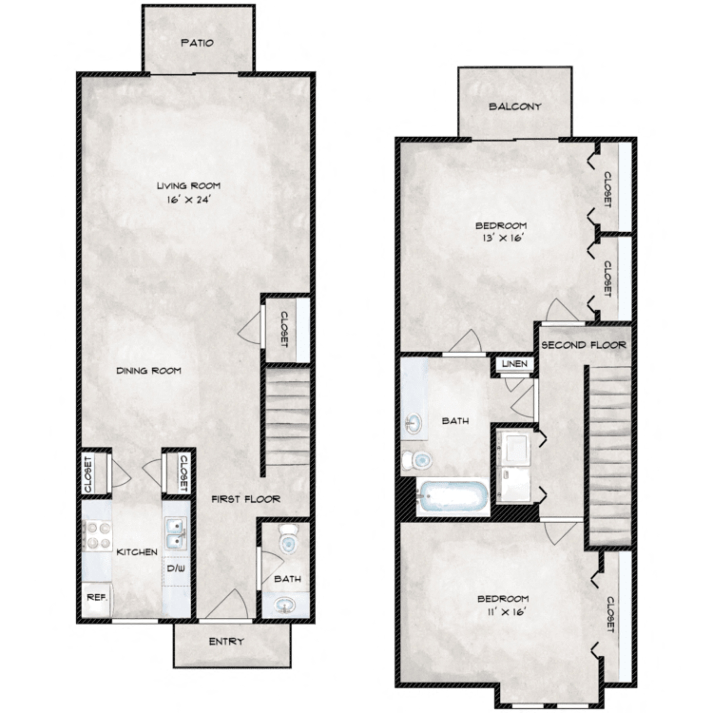 Floor plan for 2 beds, 1.5 baths, 1256 sqft