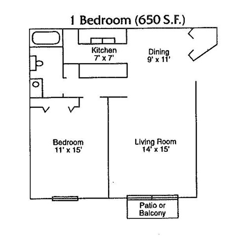 Floor plan for 1 bed, 1 bath, 650 sqft