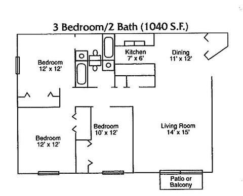 Floor plan for 3 beds, 2 baths, 1040 sqft
