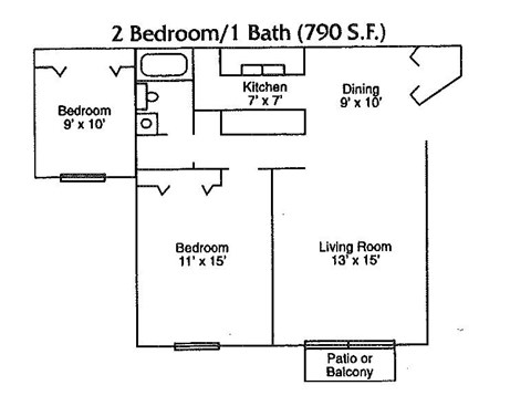 Floor plan for 2 beds, 1 bath, 790 sqft