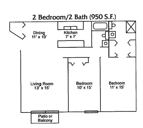 Floor plan for 2 beds, 2 baths, 950 sqft