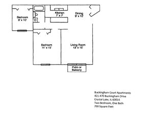 Crystal Lake apartment for rent - A floor plan of a two bedroom apartment with a living room and a kitchen.