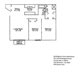 Crystal Lake apartment for rent - A floor plan for Buckingham Court Apartments shows a living room, dining room, kitchen, and bedrooms.